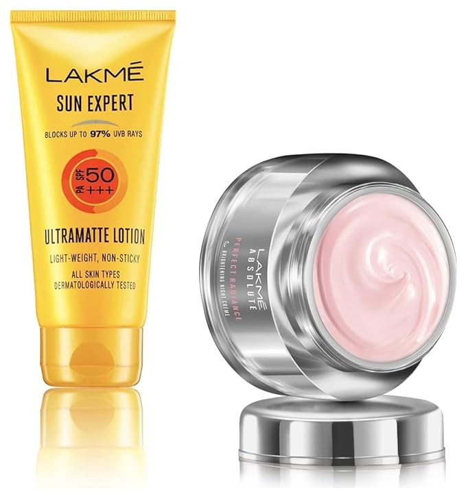 LAKMÉ Absolute Perfect Radiance Skin lightening/Brightening Night Crème, 50gms & Sun Expert SPF 50 PA Fairness UV Sunscreen Lotion, 100ml