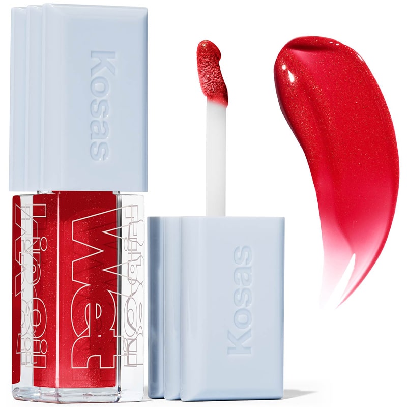 Kosas Cosmetics Wet Lip Oil Gloss - Jaws (4.6 ml) showing spreading wand and product swatch