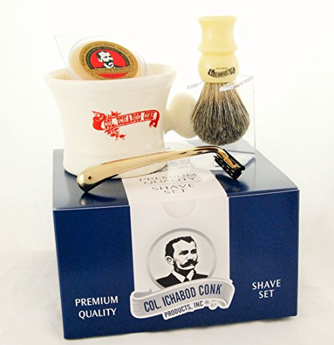 Colonel Conk Model 236 Apothecary Mug, Mixed Badger Brush, Gold Tone Razor and Soap