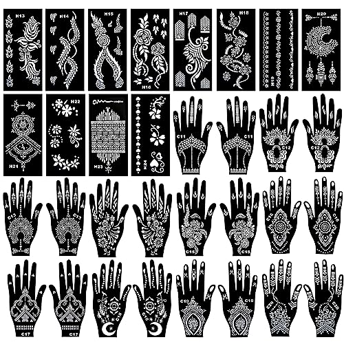 Kotbs Henna Tattoo Stencils Kit, 12-Sheet Flower Totem Henna Stencils for Hand Forearm Leg Body Glitter Airbrush DIY and 20-Sheet Henna Stencils for Hands Reusable