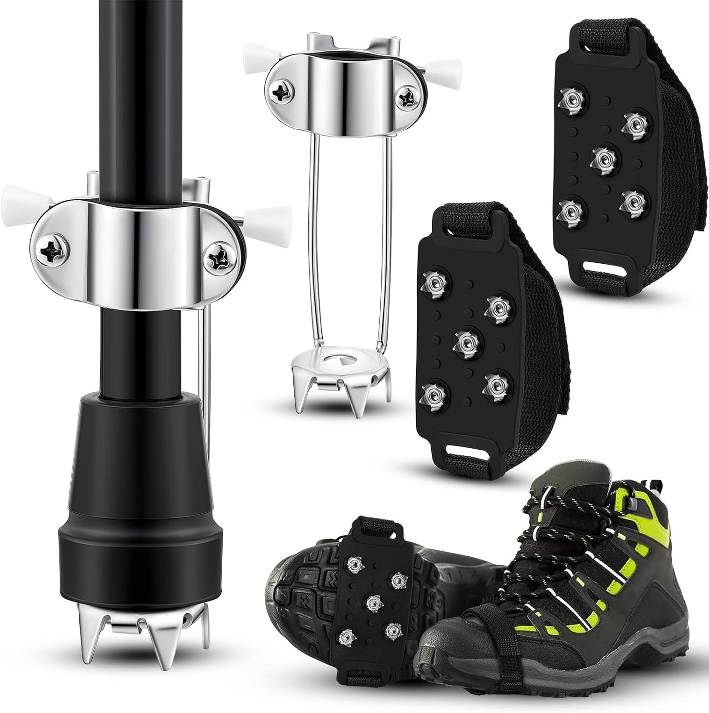 3 Pieces Cane Tips for Ice Metal Retractable Hiking Attachment Crampon Traction Cleats Anti Skid Traction Grips Retractable Ice Cane Tip for Walking Jogging Hiking Mountaineering Ice Snow Grips